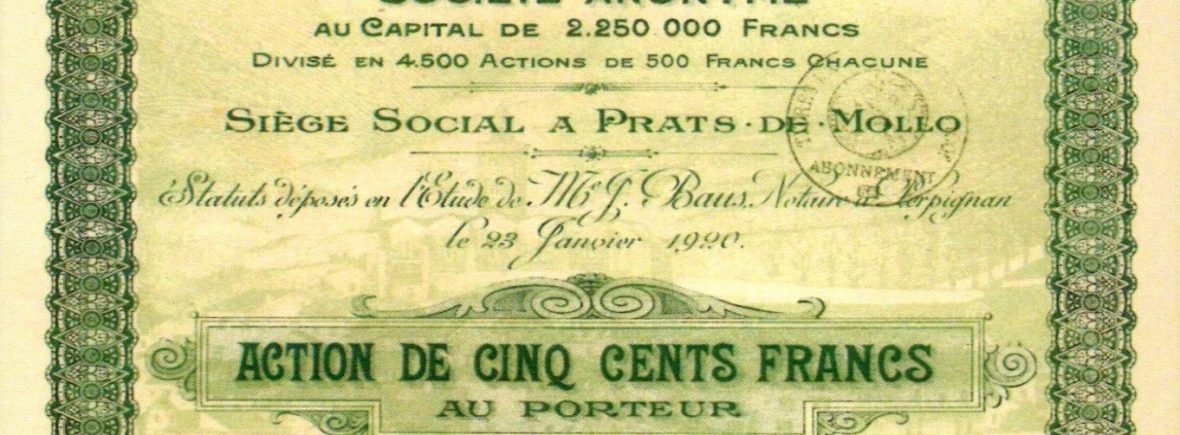 Action de 500 francs de la société des Tissages - Blanchisseries & Teintureries du Tech Supérieur, 1920.