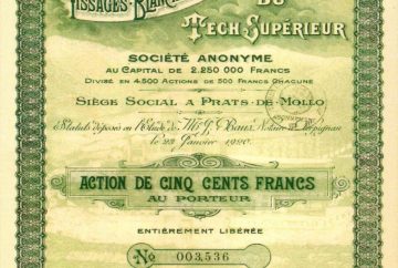 Action de 500 francs de la société des Tissages - Blanchisseries & Teintureries du Tech Supérieur, 1920.